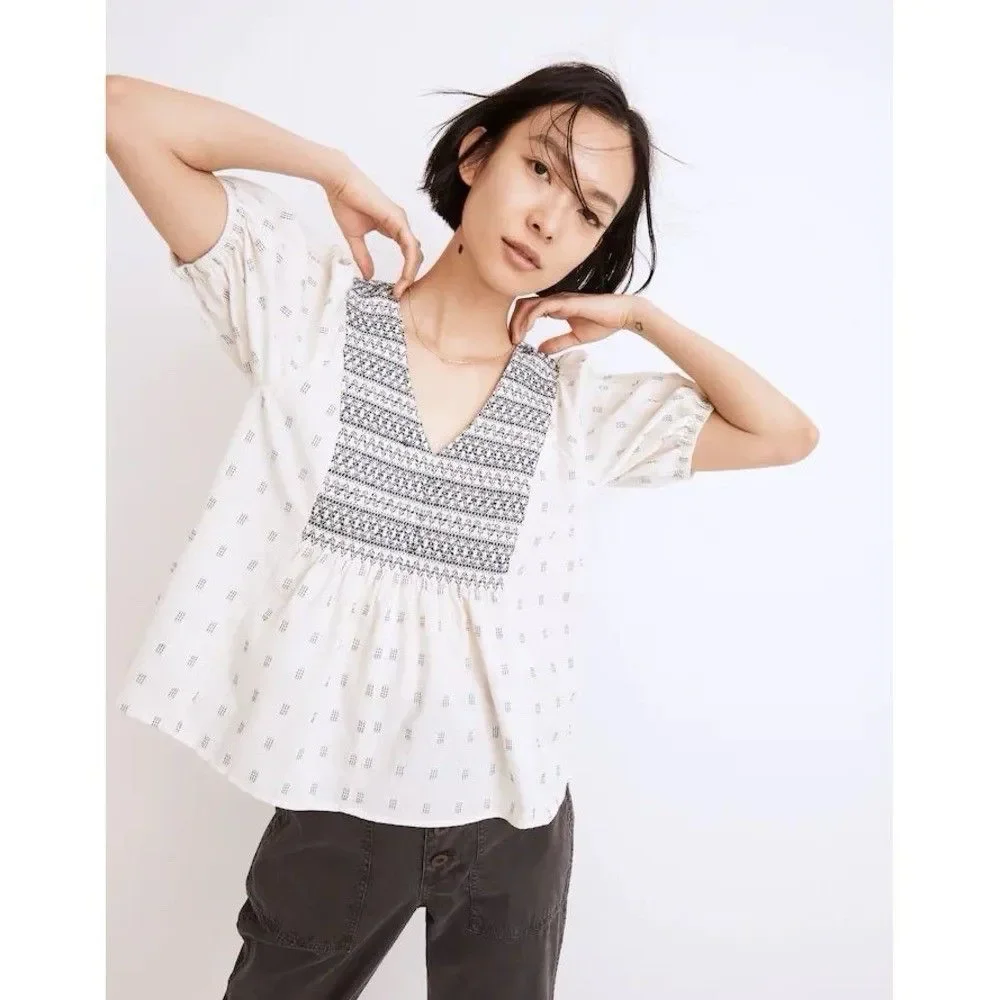 Madewell Embroidered Smocked V Neck Puff Sleeve Peasant Top Cream Navy XS